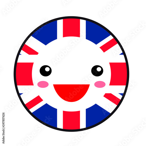 Kawaii Great Britain flag smile. Flat style. Cute cartoon isolated fun design emoticon face. Vector art anime illustration for celebration holiday decoration element. Business card with template icon.