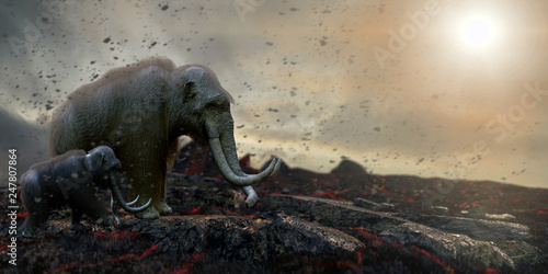 Photography herd of mammoths in the wild render 3d
