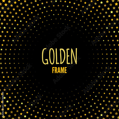 Halftone frame with gold stars. Ornament for gifts. Vector illustration.
