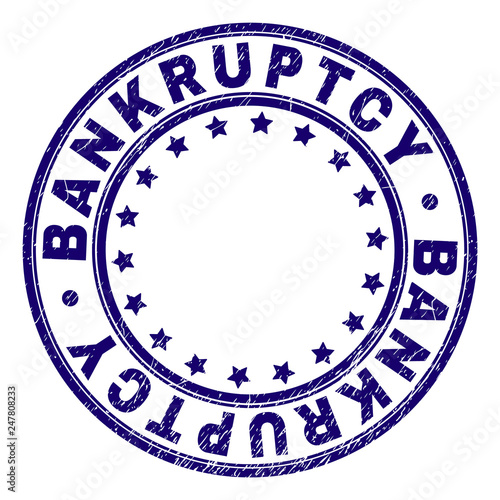 BANKRUPTCY stamp seal imprint with grunge texture. Designed with circles and stars. Blue vector rubber print of BANKRUPTCY label with dust texture.