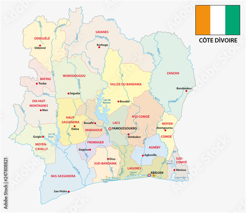 ivory coast administrative and political vector map with flag