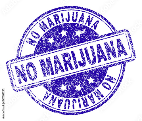 NO MARIJUANA stamp seal watermark with grunge texture. Designed with rounded rectangles and circles. Blue vector rubber print of NO MARIJUANA label with scratched texture.