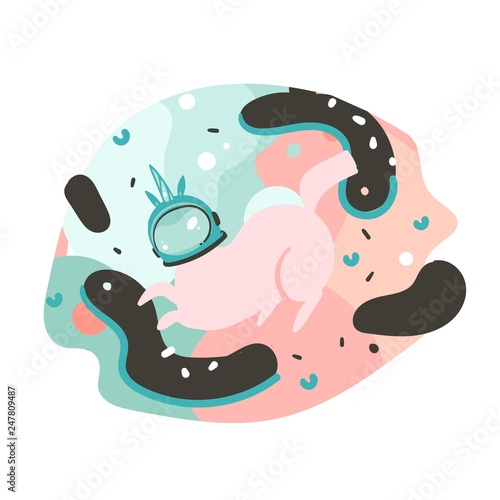 Hand drawn vector abstract graphic creative cartoon illustrations poster or print with cosmonaut unicorn in helmets ,comets and planets in cosmos isolated on white abstract background