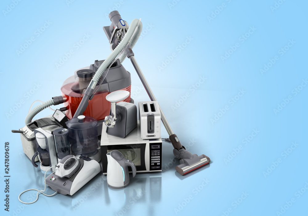 Home appliances Group of vacuum cleaner microwave iron coffee maker steam kettle toaster meat grinder on blue background 3d Home appliances Group of vacuum cleaner microwave iron coffee maker steam kettle toaster meat grinder on blue background 3d