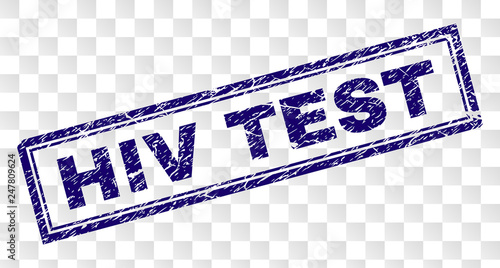 HIV TEST stamp seal print with grainy style and double framed rectangle shape. Stamp is placed on a transparent background. Blue vector rubber print of HIV TEST title with dust texture.