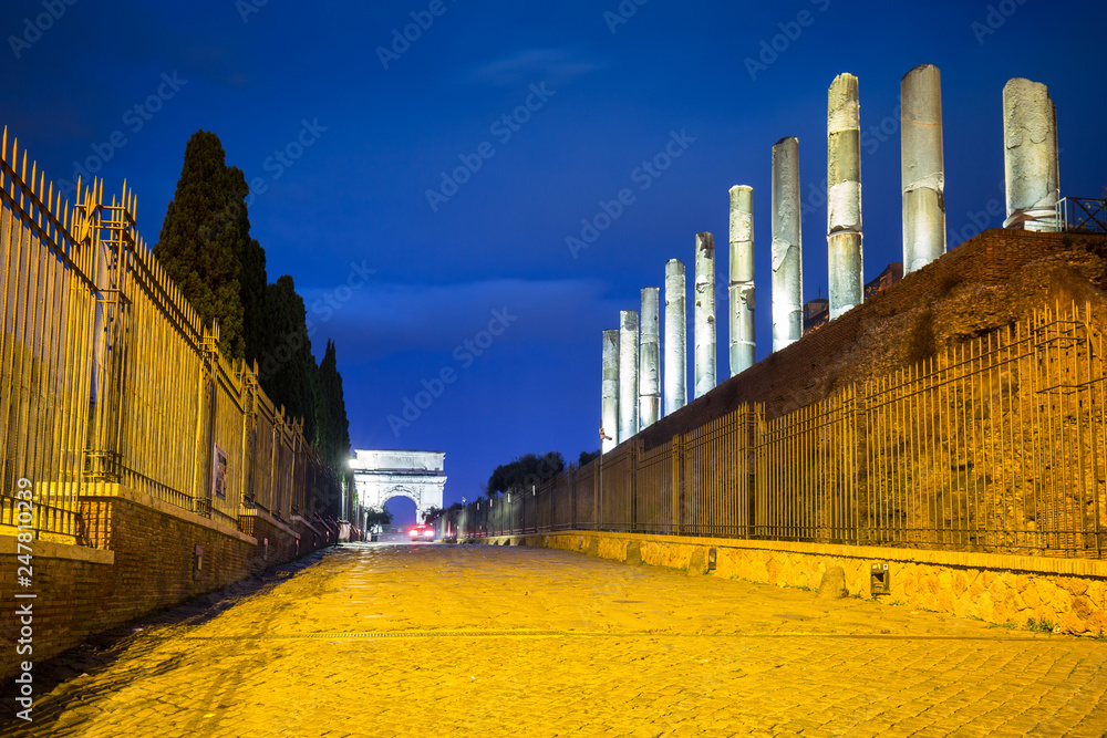 Road to Forum Romanum at night in Rome, Italy