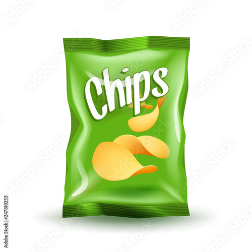 Realistic mockup package of green chips package with label isolated on white background