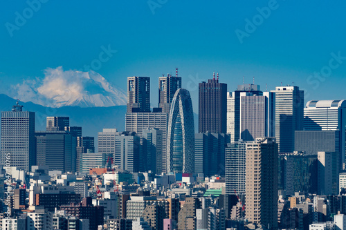 Tokyo city landmark skyline in day time blue tone.