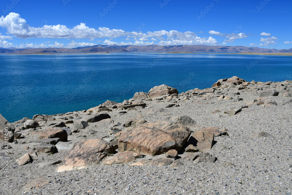 China. Great lakes of Tibet. Lake Teri Tashi Namtso in sunny  day in June