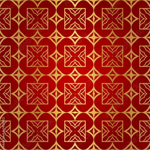 Retro decorative seamless geometric pattern. Red, gold color. Vector illustration