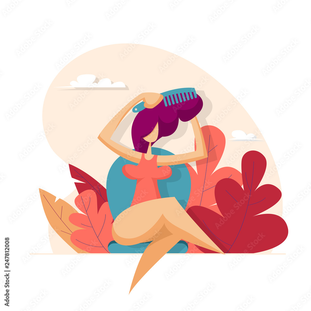 Girl combing hair comb. Beauty concept. Vector illustration in flat style