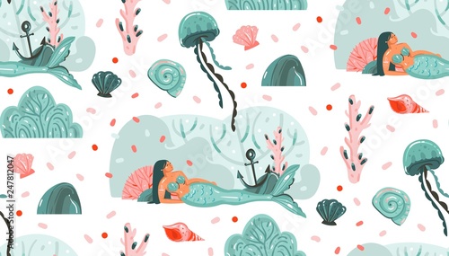 Hand drawn vector abstract cartoon graphic summer time underwater illustrations seamless pattern with jellyfish,fishes and beauty bohemian mermaid girls characters isolated on white background
