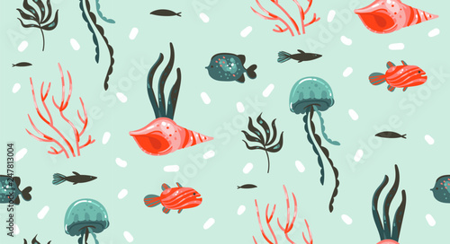 Hand drawn vector abstract cartoon graphic summer time underwater illustrations seamless pattern with coral reefs,jellyfish,seahorse and different fishes isolated on white background