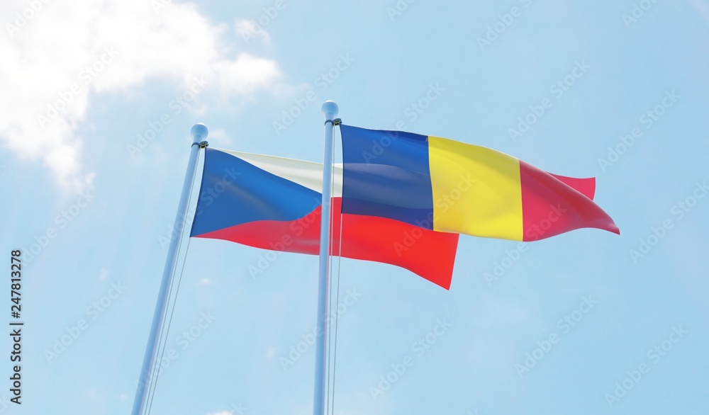 Romania and Czech Republic, two flags waving against blue sky. 3d image Romania and Czech Republic, two flags waving against blue sky. 3d image