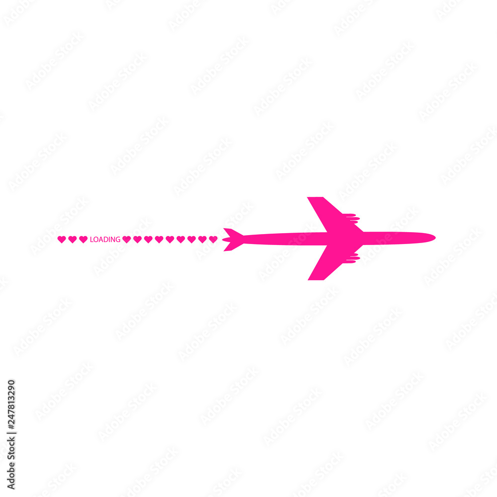 Progress loading bar with airplane and hearts. The flying apartment is black. The waypoint is for a tourist trip. Track on a white background. Vector illustration. Tourism. Travel Progress loading bar with airplane and hearts. The flying apartment is black. The waypoint is for a tourist trip. Track on a white background. Vector illustration. Tourism. Travel