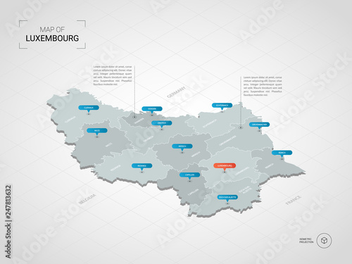Isometric 3D Luxembourg map. Stylized vector map illustration with cities, borders, capital, administrative divisions and pointer marks; gradient background with grid.
