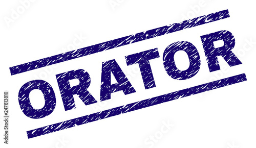 ORATOR seal watermark with grunge style. Blue vector rubber print of ORATOR text with unclean texture. Text tag is placed between parallel lines.