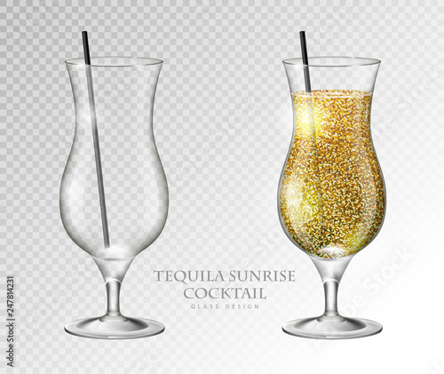 Realistic cocktail tequila sunrise vector illustration on transparent background. Full and empty glass