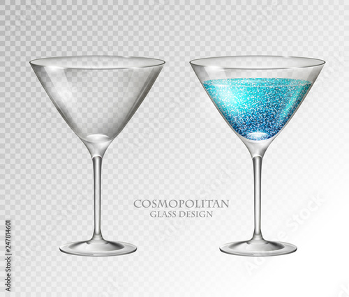 Realistic cocktail cosmopolitan vector illustration on transparent background. Full and empty glass
