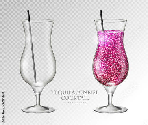 Realistic cocktail tequila sunrise vector illustration on transparent background. Full and empty glass