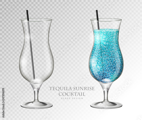 Realistic cocktail tequila sunrise vector illustration on transparent background. Full and empty glass