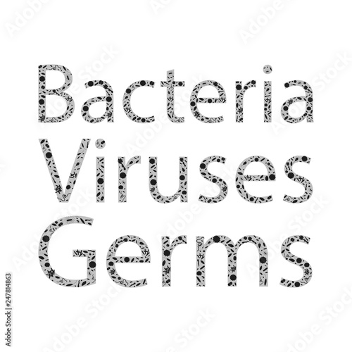 Black and white background with dangerous viruses, germs and bacteria with text. Vector illustration for web design