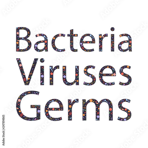 Colorful background with dangerous viruses, germs and bacteria with text. Vector illustration for web design