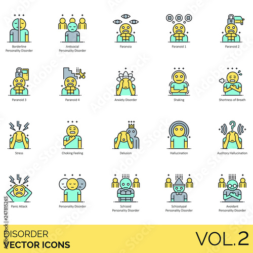 Disorder icons including borderline personality, antisocial, paranoia, paranoid, anxiety, shaking, shortness of breath, stress, choking feeling, delusion, auditory hallucination, panic attack.