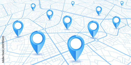 Blue GPS navigator pins on a blue roads map on white background