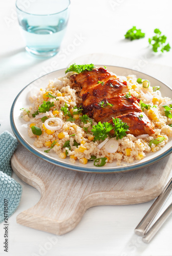 roasted bbq chicken with quinoa sweetcorn onion, healthy lunch