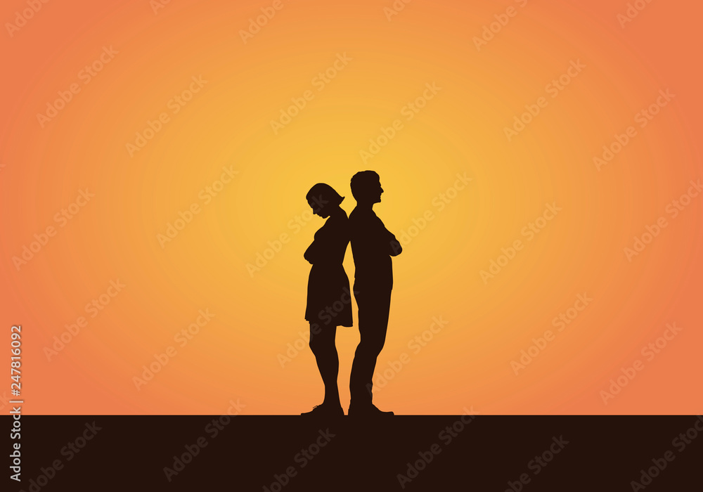 Realistic illustration of a silhouette of a couple of young people, men and women after a quarrel or disagreement. Isolated on an orange background, vector