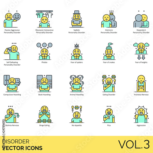 Disorder icons including passive aggressive personality, obsessive compulsive, sadistic, histrionic, dependent, self defeating, phobia, fear of spiders, snakes, heights, hoarding, animal, anorexia.