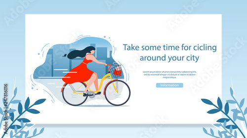 Riding Bicycle in City Flat Vector Web Banner