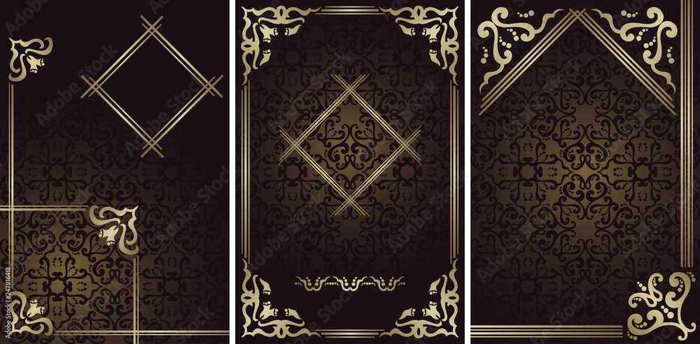 Fototapeta Set of three vector vintage cards with a beautiful frames on dark seamless background