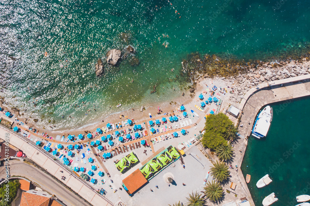HERCEG NOVI, MONTENEGRO - July 22, 2019: aerial view of sunny beach in herceg novi montenegro