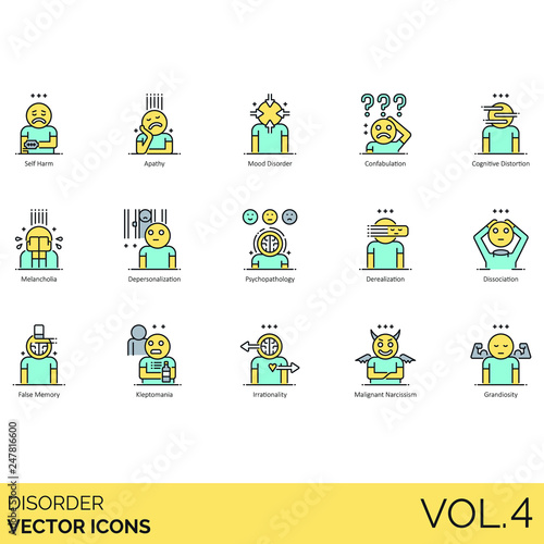 Disorder icons including self harm, apathy, confabulation, cognitive distortion, depersonalization, psychopathology, derealization, dissociation, false memory, kleptomania, irrationality, narcissism.