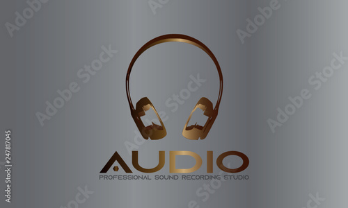 DJ Dance Party, Recording Studio Emblem, Gold Wireless Headphones And Wave