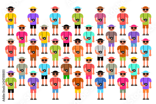 Mass tourism - large group of visitor, holiday maker, tripper and tourist is doing sightseeing  on touristic place. Holiday maker wear colorful bright clotthes and camera. Vector illustration