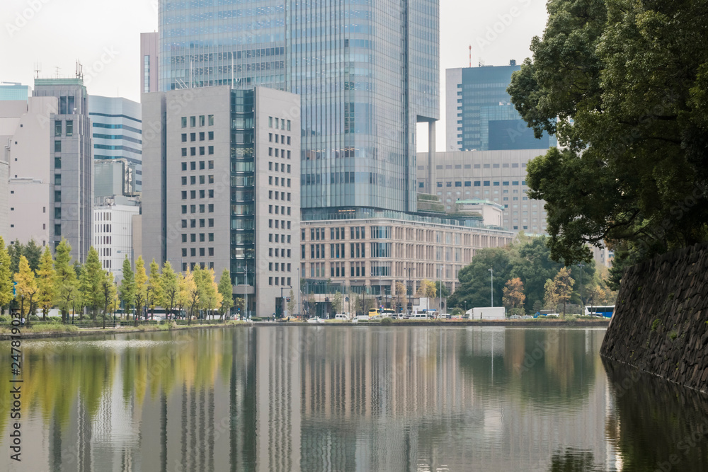 Modern urban background with Tokyo downtown Marunouchi business district and water reflections of trees and buildings as seen across pond in November.