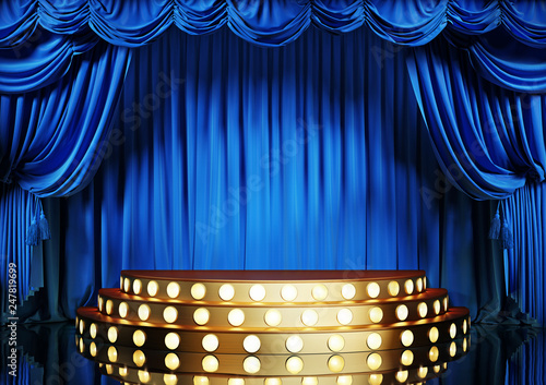 Fototapeta Theater stage with blue velvet curtains and golden decorative scene