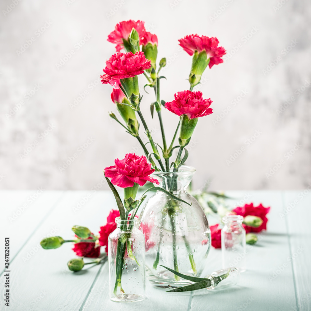 Bouquet of pink carnation in glass vase on light turquoise wooden background. Mothers day, birthday greeting card. Copy space. Bouquet of pink carnation in glass vase on light turquoise wooden background. Mothers day, birthday greeting card. Copy space.