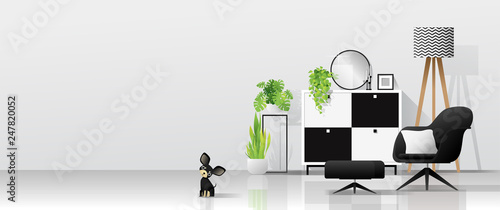 Interior background with living room in modern black and white scandinavian style , vector , illustration