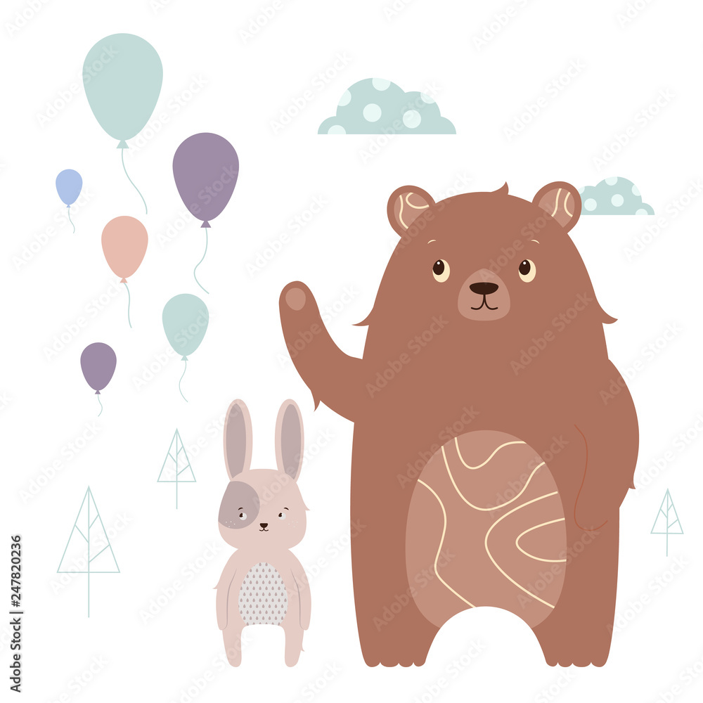 Nice couple of characters say goodbye to the summer. Hare and bear. Flying into the sky balls. Forest animals. Child illustration. Nice couple of characters say goodbye to the summer. Hare and bear. Flying into the sky balls. Forest animals. Child illustration.