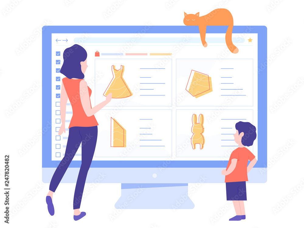 Mom and son are standing at the computer screen. Shopping on the Internet. Family shopping online. Store webpage. Hero image illustration. Mom and son are standing at the computer screen. Shopping on the Internet. Family shopping online. Store webpage. Hero image illustration.