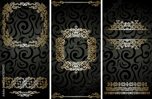 Set of three vector cards with a beautiful frames on dark floral seamless background