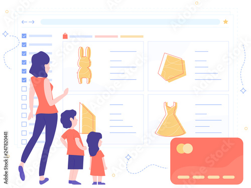 Mom, son and son are at the interface of the online store. Family online shopping. Purchase by credit card.