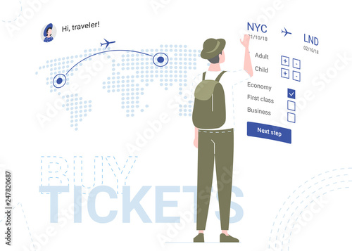 Man buys plane tickets in an online service on a web page. Traveler booked a flight. Travel, tourism, Internet. Illustration, hero image for landing pages and promo.