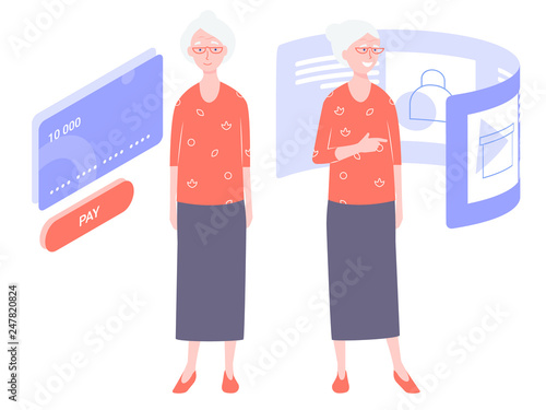 Pretty old lady. Grandma remains modern and uses online technology. Buys in the online store, pay by credit card. Stands next to the payment system and is going to choose the product on the page.