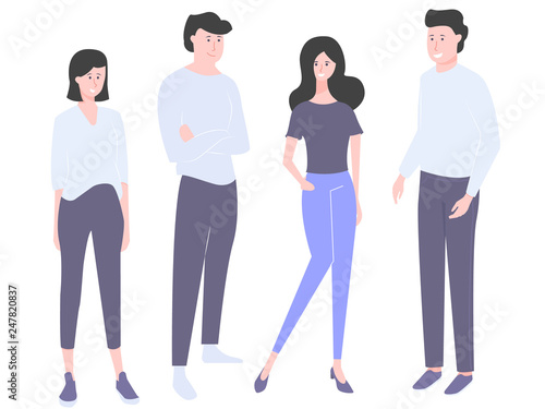 Set of four people. Two girls and two guys. Happy and smiling. Equally dressed, colleagues or students. Young participants of a startup, profitable business, advertising promo.
