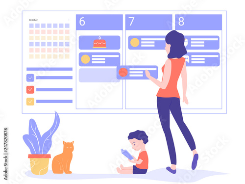 Super Mom is planning a week. A freelance mother, she manages to work and raise her son. Online organizer, scheduler. Nearby there is a pot with a flower and a cat sits.